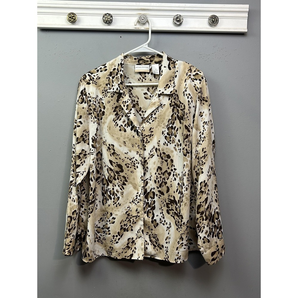 Alfred Dunner Shirt Womens 16W Beige Brown Leopard Print Button Front Blouse